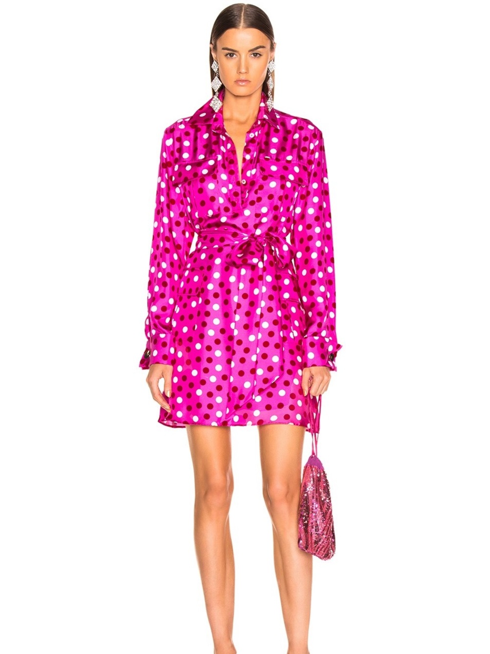 Maggie Marilyn Silk Pink Polka Dot Shirt Dress w/ Waist Tie